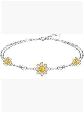 Sterling Silver Daisy Flower Bangle Bracelet Adjustable Chain